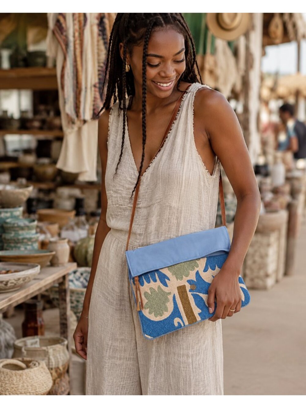 Rahab’s Rope Blue & Tan Embelished Woven Clutch Bag Pom Pom Details 13x7 New